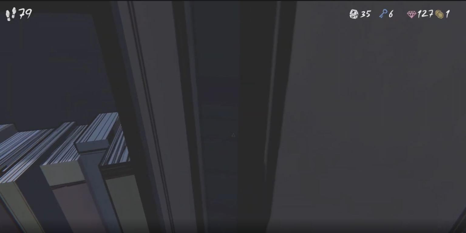 In-game screenshot peering into the vertical seam of the secret bookcase